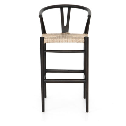 Muestra Bar Stool by Four Hands in vintage white, natural teak. Made from solid teak, 100% polyethylene in a coastal style.
