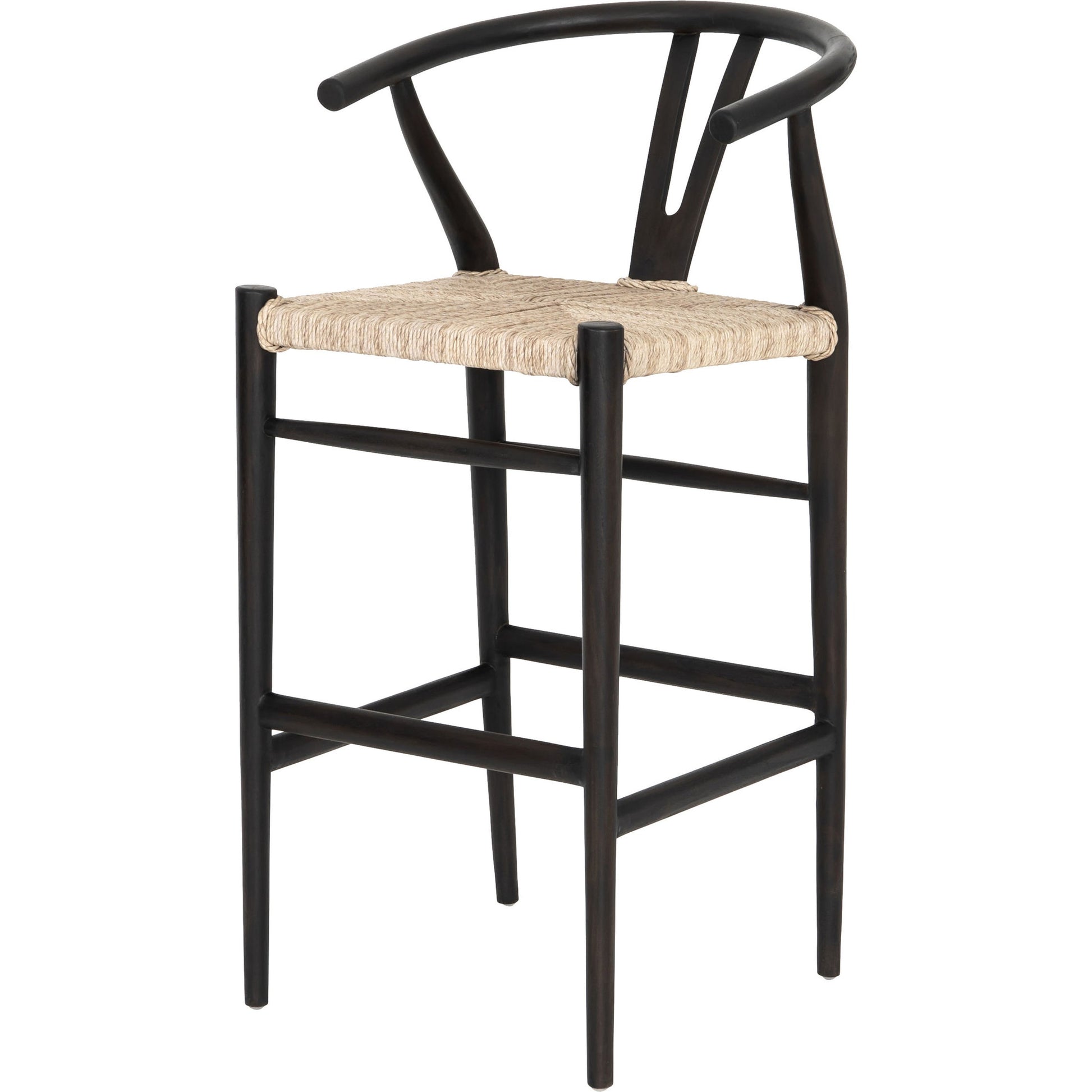 Muestra Bar Stool by Four Hands in vintage white, natural teak. Made from solid teak, 100% polyethylene in a coastal style.
