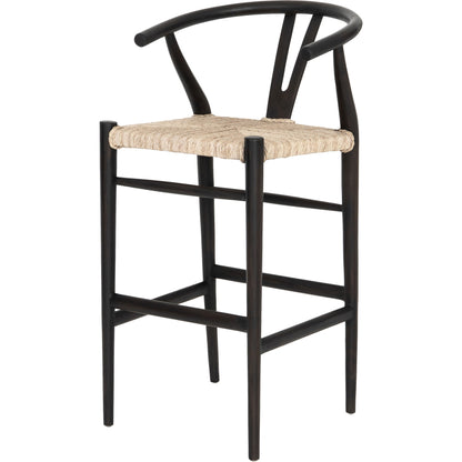 Muestra Bar Stool by Four Hands in vintage white, natural teak. Made from solid teak, 100% polyethylene in a coastal style.