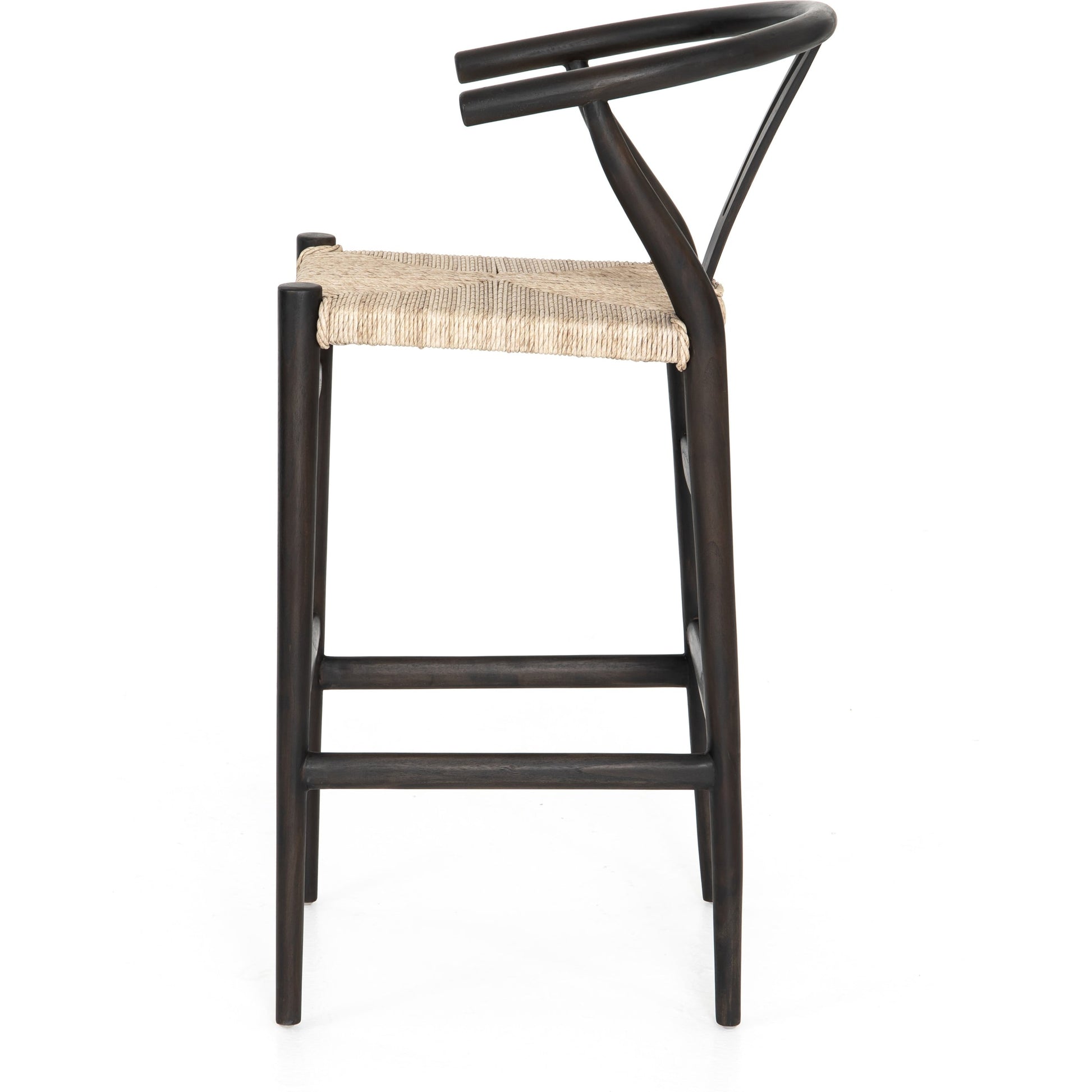 Muestra Bar Stool by Four Hands in vintage white, natural teak. Made from solid teak, 100% polyethylene in a coastal style.