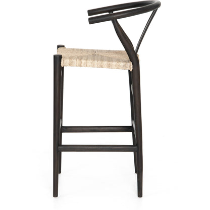 Muestra Bar Stool by Four Hands in vintage white, natural teak. Made from solid teak, 100% polyethylene in a coastal style.