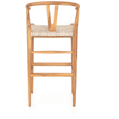 Muestra Bar Stool by Four Hands in vintage white, natural teak. Made from solid teak, 100% polyethylene in a coastal style.