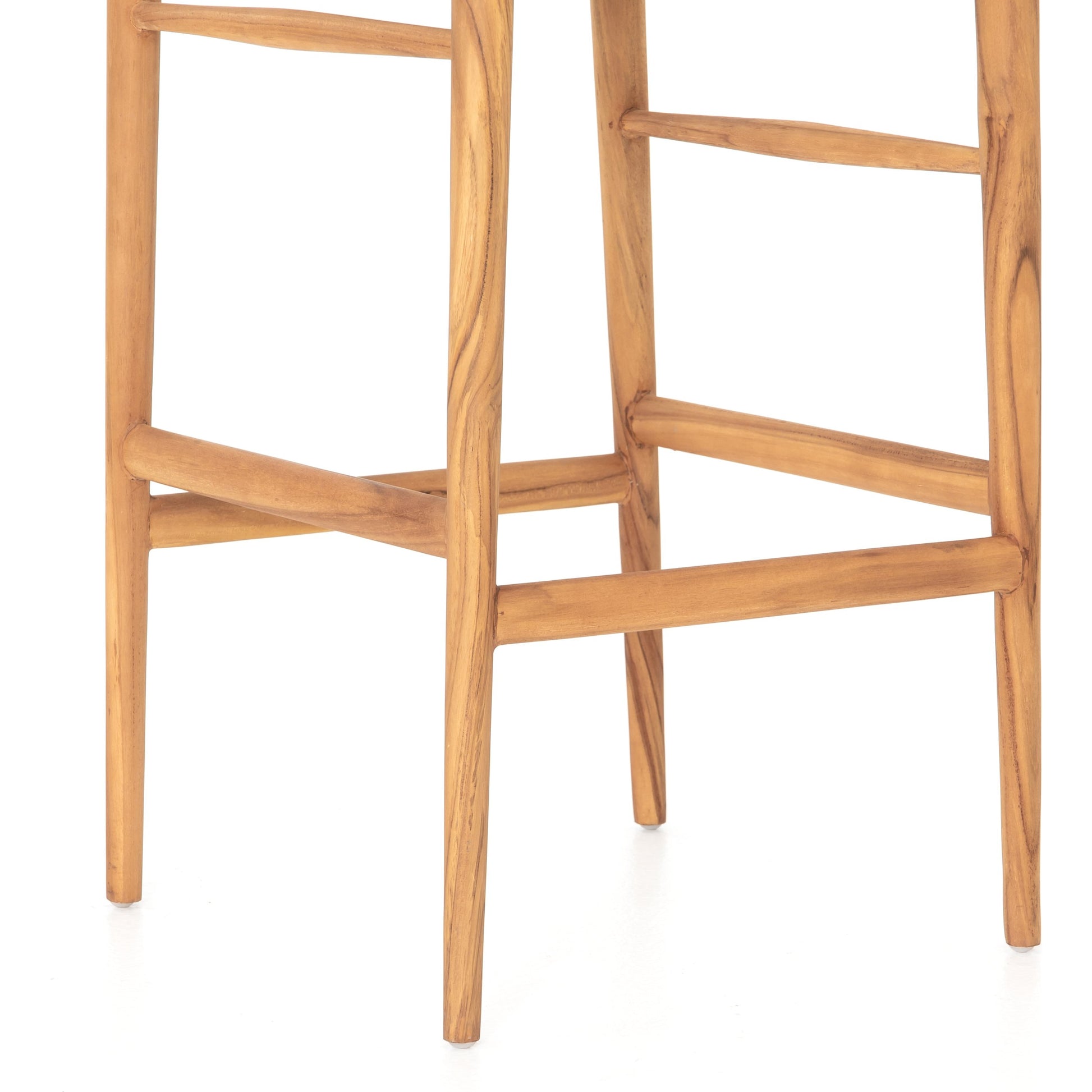 Muestra Bar Stool by Four Hands in vintage white, natural teak. Made from solid teak, 100% polyethylene in a coastal style.