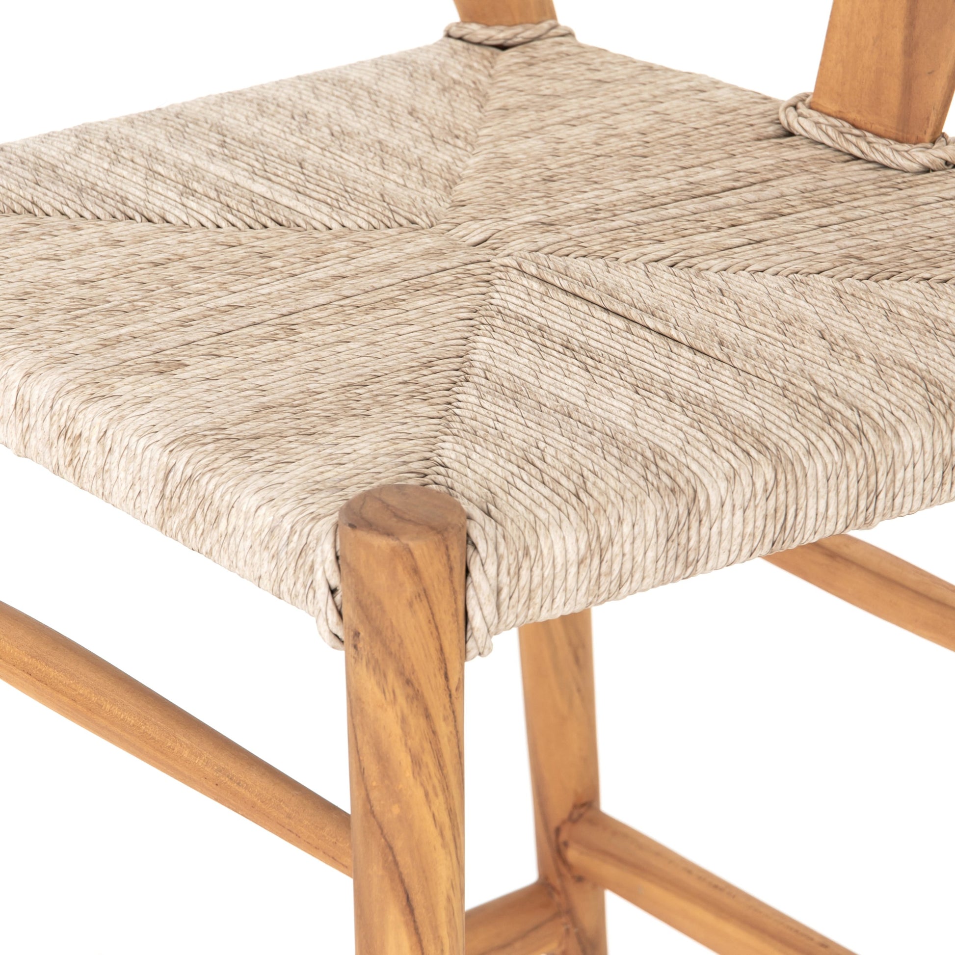 Muestra Bar Stool by Four Hands in vintage white, natural teak. Made from solid teak, 100% polyethylene in a coastal style.