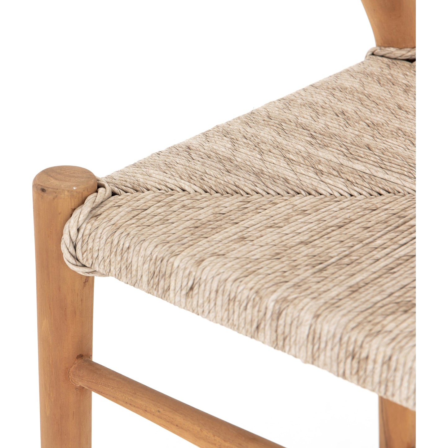 070 SR-809945 | Closeup | Muestra Bar Stool by Four Hands in vintage white, natural teak. Made from solid teak, 100% polyethylene in a coastal style.