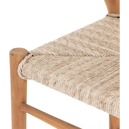 Muestra Bar Stool by Four Hands in vintage white, natural teak. Made from solid teak, 100% polyethylene in a coastal style.