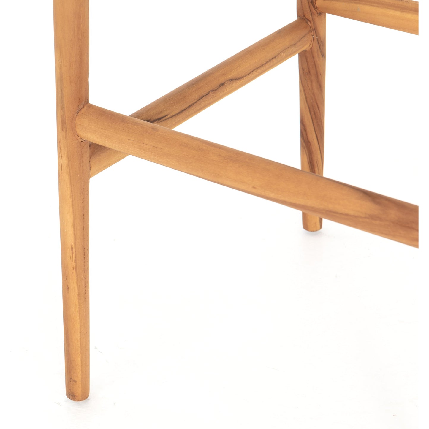 072 SR-809945 | Closeup | Muestra Bar Stool by Four Hands in vintage white, natural teak. Made from solid teak, 100% polyethylene in a coastal style.