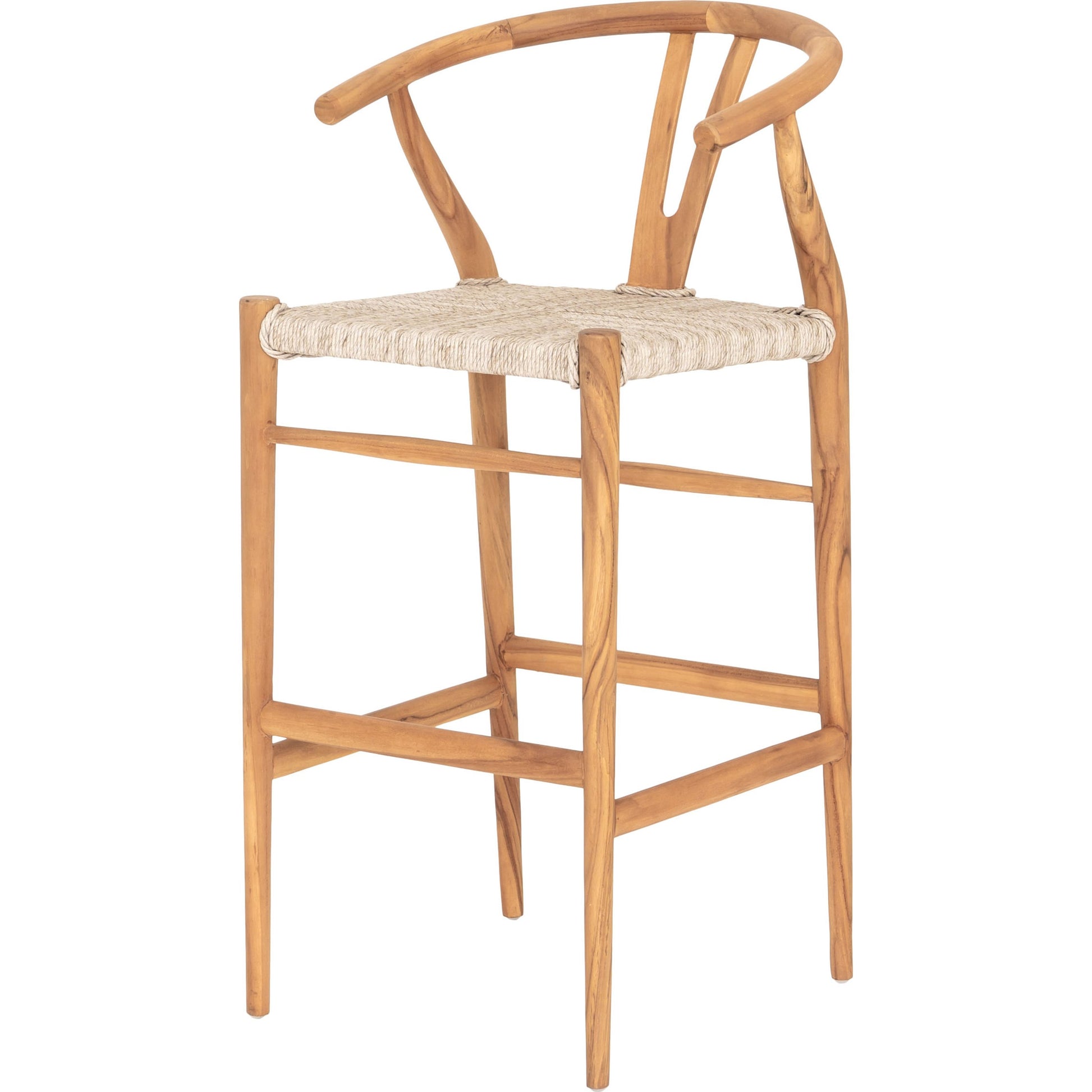 Muestra Bar Stool by Four Hands in vintage white, natural teak. Made from solid teak, 100% polyethylene in a coastal style.