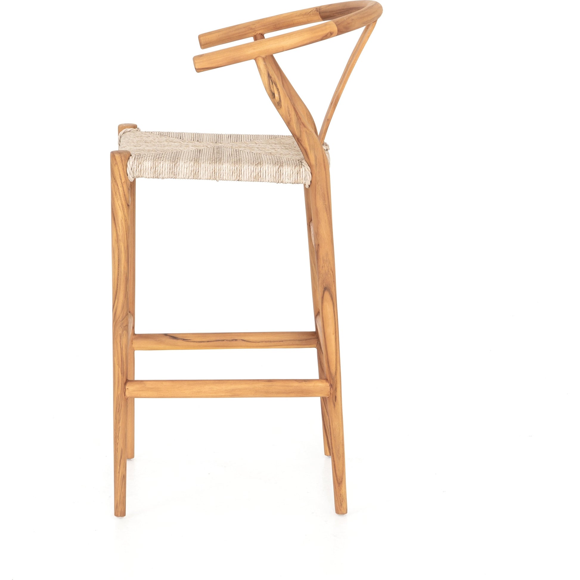 Muestra Bar Stool by Four Hands in vintage white, natural teak. Made from solid teak, 100% polyethylene in a coastal style.