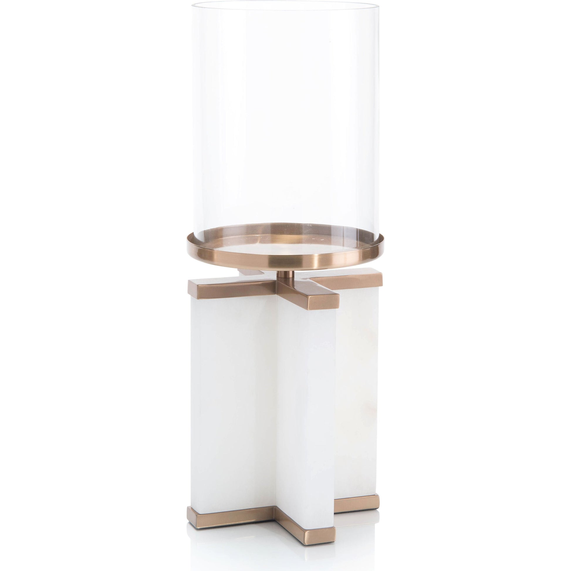 Alhambra Candle Holder by John-Richard in alabaster, bronze and white alabaster, coffee bronze, cream. Made from alabaster, glass, iron in a transitional style.