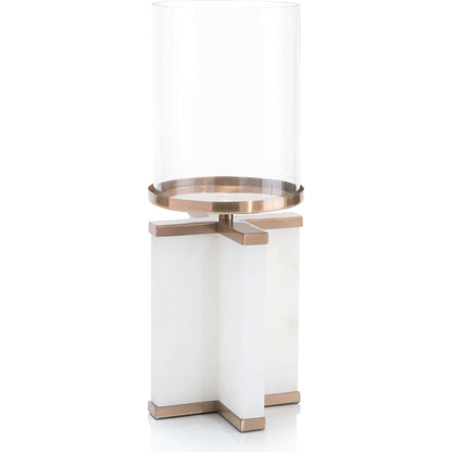 Alhambra Candle Holder by John-Richard in alabaster, bronze and white alabaster, coffee bronze, cream. Made from alabaster, glass, iron in a transitional style.