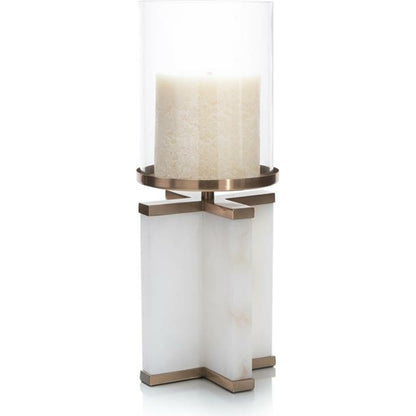 Alhambra Candle Holder by John-Richard in alabaster, bronze and white alabaster, coffee bronze, cream. Made from alabaster, glass, iron in a transitional style.