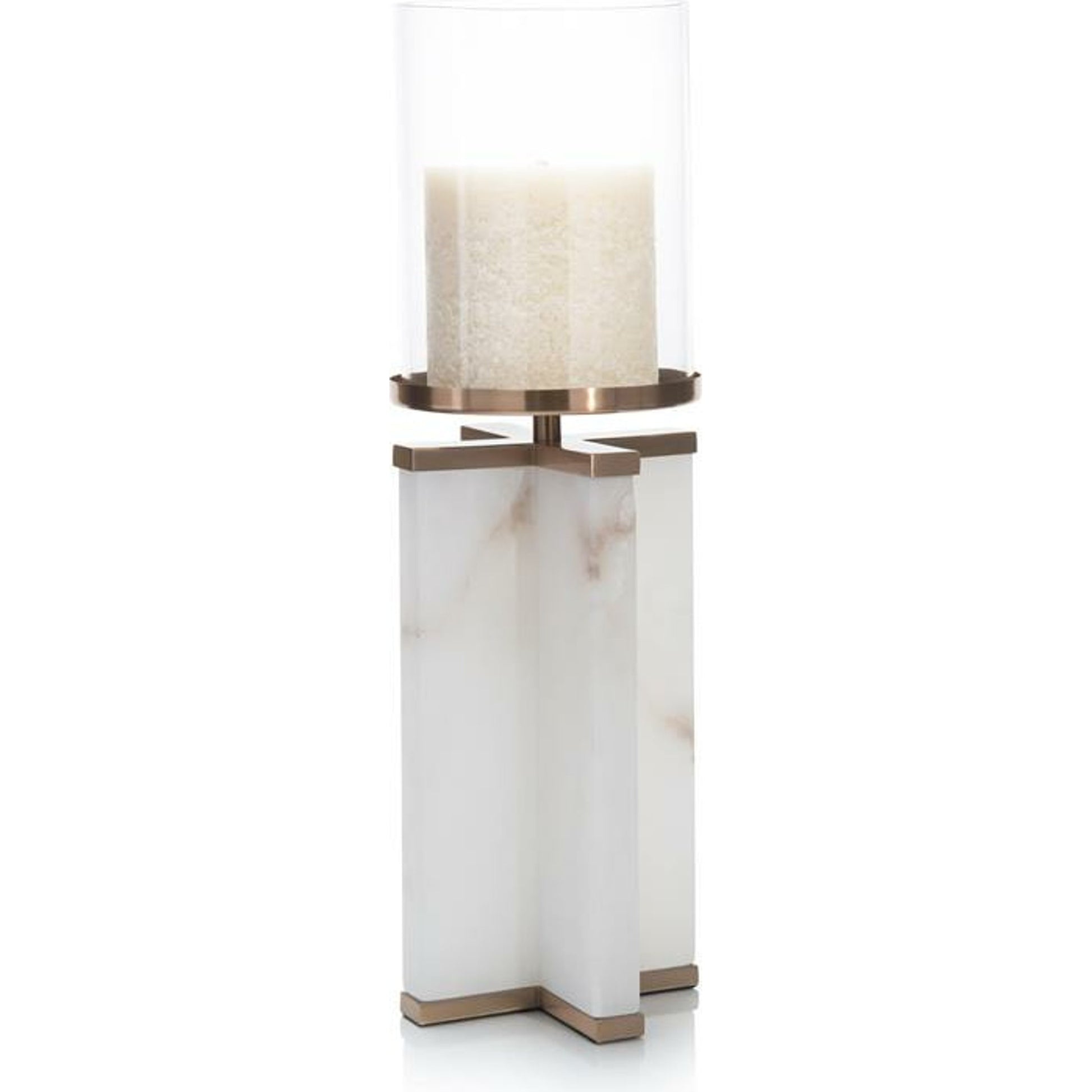 Alhambra Candle Holder by John-Richard in alabaster, bronze and white alabaster, coffee bronze, cream. Made from alabaster, glass, iron in a transitional style.