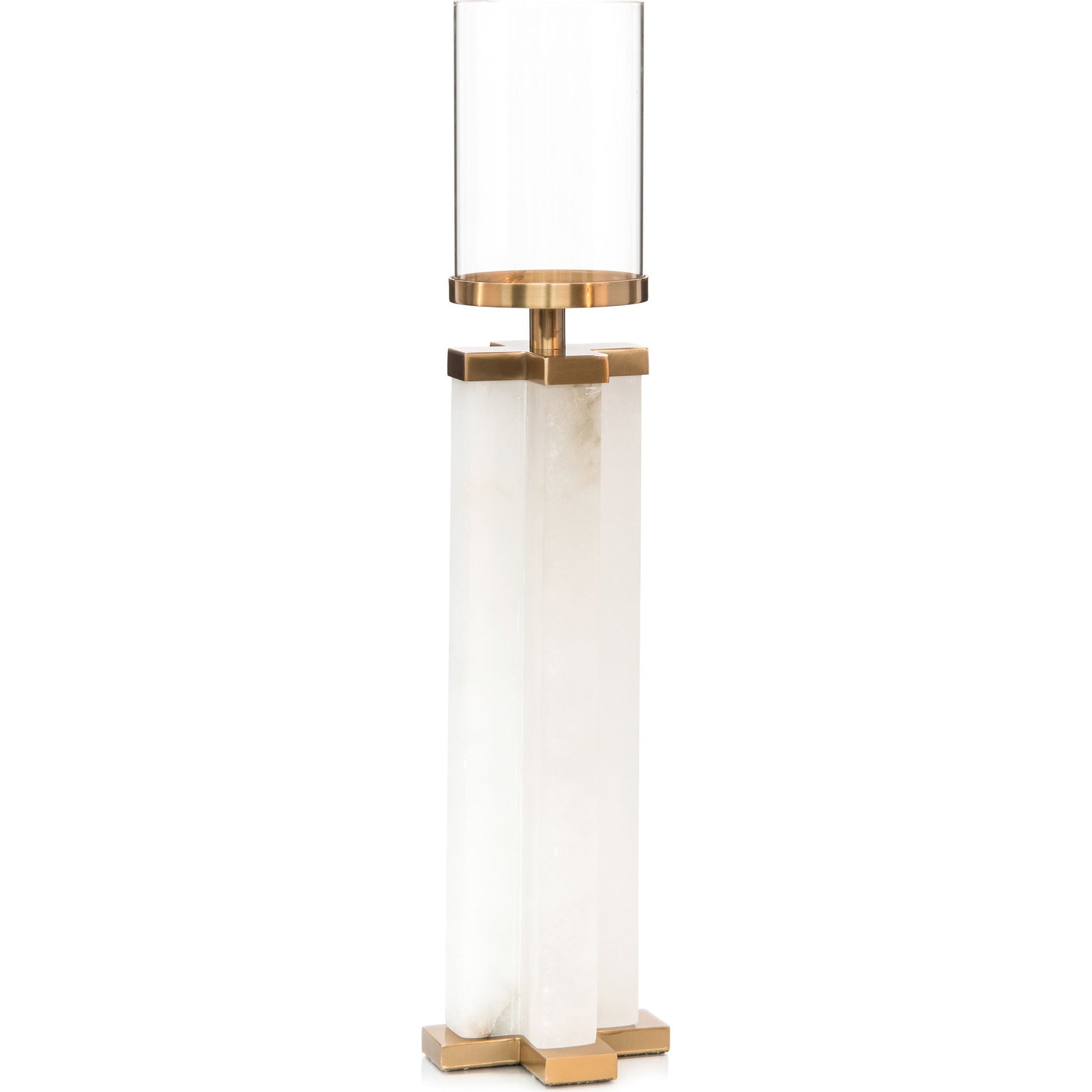 Alhambra Candle Holder by John-Richard in alabaster, bronze and white alabaster, coffee bronze, cream. Made from alabaster, glass, iron in a transitional style.