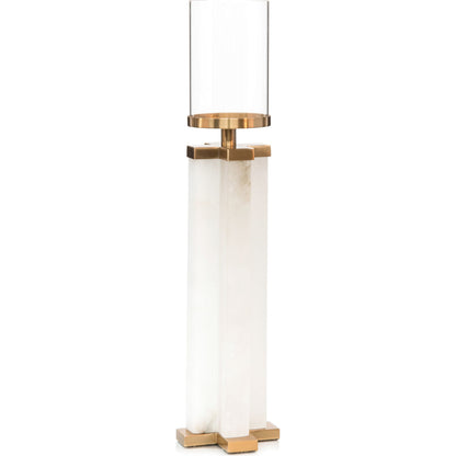Alhambra Candle Holder by John-Richard in alabaster, bronze and white alabaster, coffee bronze, cream. Made from alabaster, glass, iron in a transitional style.