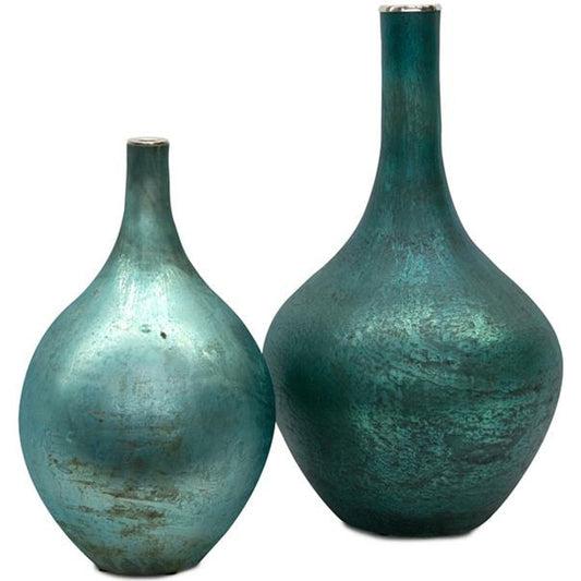 Peacock Iridescent Vases by John-Richard in blue. Made from glass in a coastal style.
