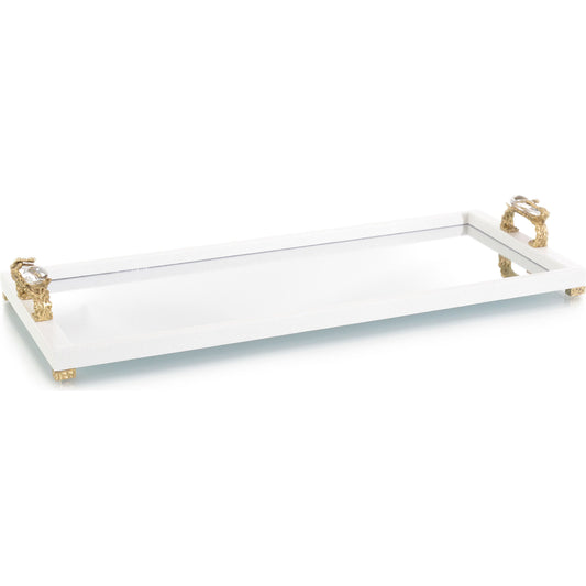 Organic Tray by John-Richard in brass, white and white, brass, clear, mirror. Made from brass, mdf, lead free crystal, mirror in a transitional style.