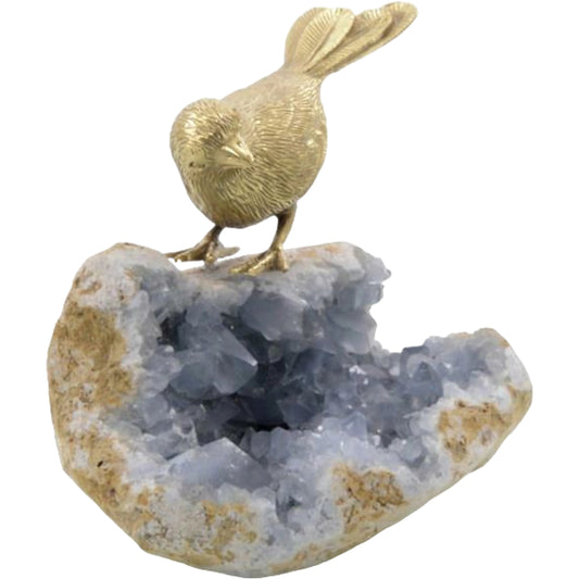 Bird on Celestite Rock II by John-Richard in blue, brass. Made from brass in a cottage & farmhouse style.