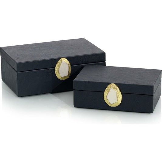 Midnight Leather Boxes by John-Richard in blue, cream, gold. Made from leather in a transitional style.
