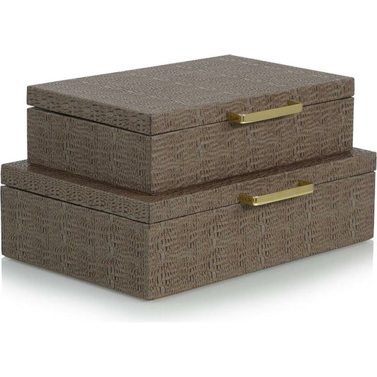 Alligator Leather Boxes by John-Richard in brass, champagne. Made from brass, leather in a transitional style.