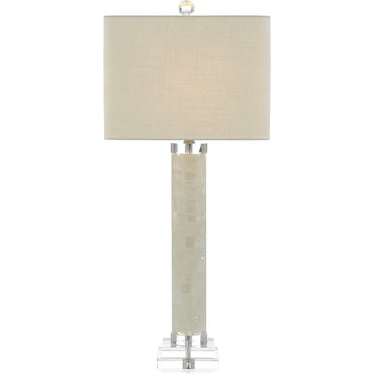 White Calcite and Quartz Table Lamp by John-Richard in clear, nickel, white. Made from nickel in a transitional style.