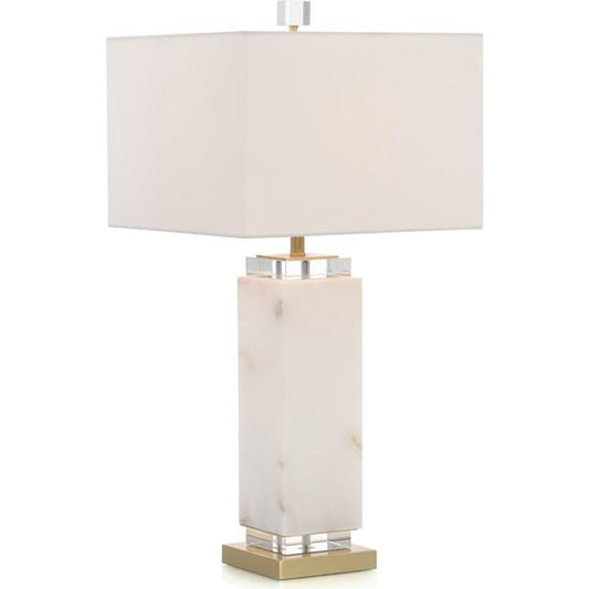 White Alabaster Column Table Lamp by John-Richard in alabaster, brass, white. Made from brass, crystal in a transitional style.