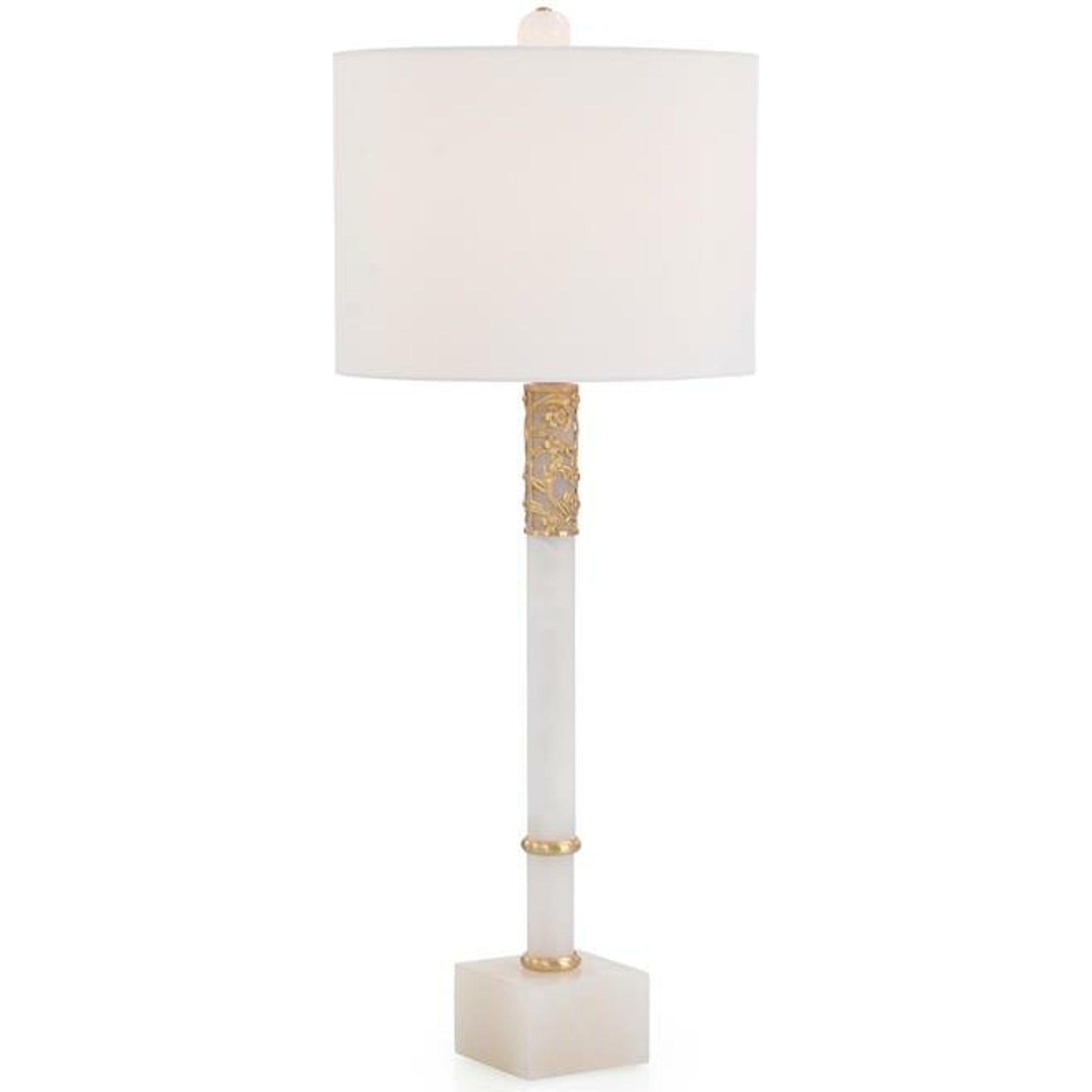 Alabaster with Filigree Overlay by John-Richard in alabaster, brass, white. Made from brass in a transitional style.