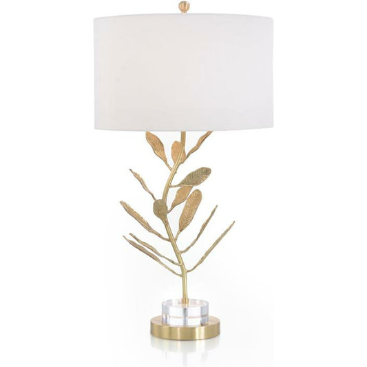 Plumeria Branch Table Lamp by John-Richard in brass, white. Made from brass, cotton in a transitional style.