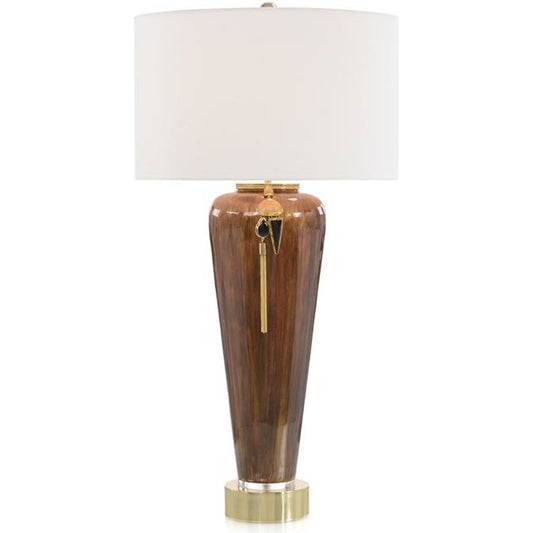 Lagniappe Brown Enamel Table Lamp by John-Richard in brass, brown, green, white. Made from brass, cotton, glass in a transitional style.