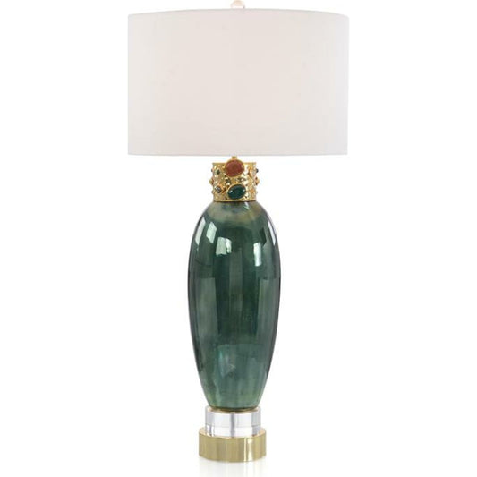 Jeweled-Collar Table Lamp in Illusion Green by John-Richard in brass, clear, green, white. Made from acrylic, brass, cotton, glass in a transitional style.
