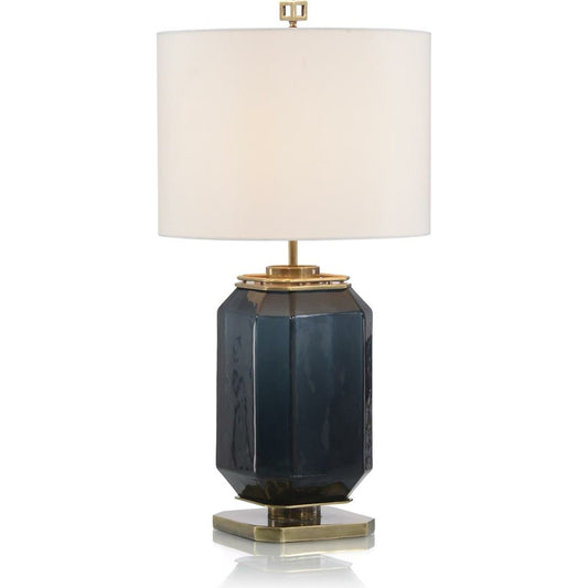 Navy Blue Glass and Brass Table Lamp by John-Richard in blue, brass, navy and blue, brass, navy, white. Made from brass, glass in a transitional style.