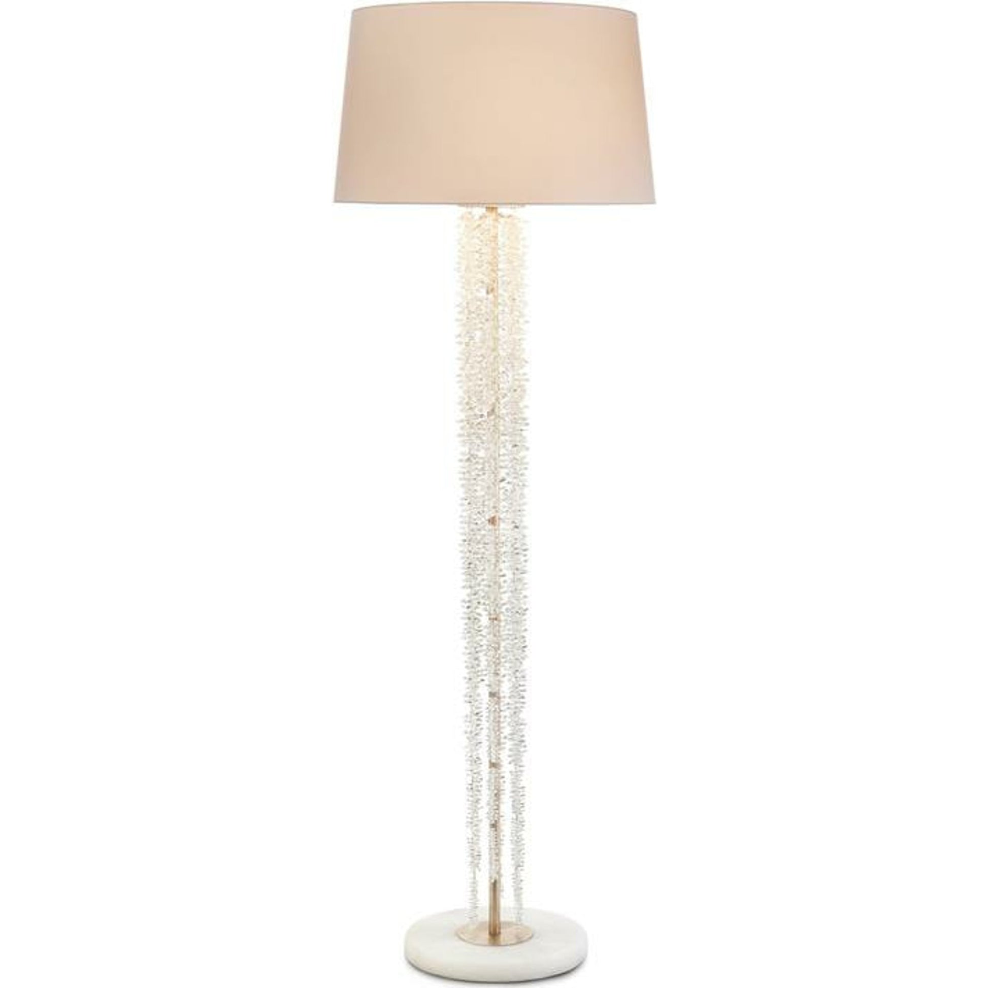 Cascading Crystal Waterfall Floor Lamp by John-Richard in nickel, silver, white. Made from crystal, nickel in a coastal style.