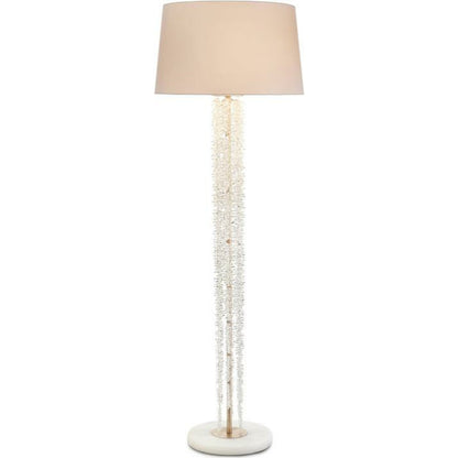 Cascading Crystal Waterfall Floor Lamp by John-Richard in nickel, silver, white. Made from crystal, nickel in a coastal style.