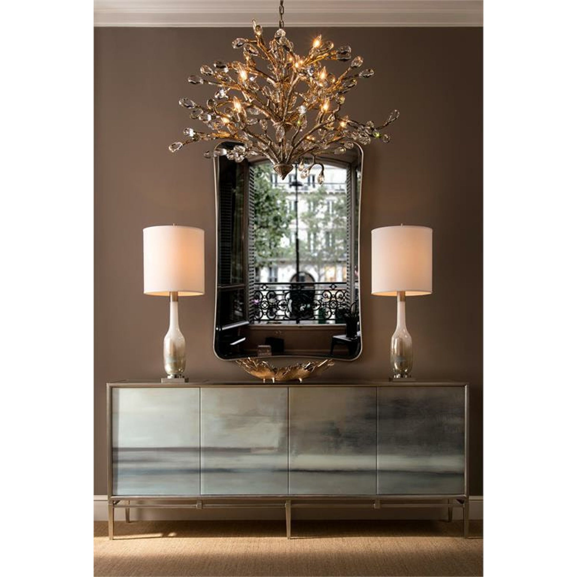 Hand-Blown Golden Table Lamp by John-Richard in nickel, white, bronze. Made from iron, glass in a transitional style.