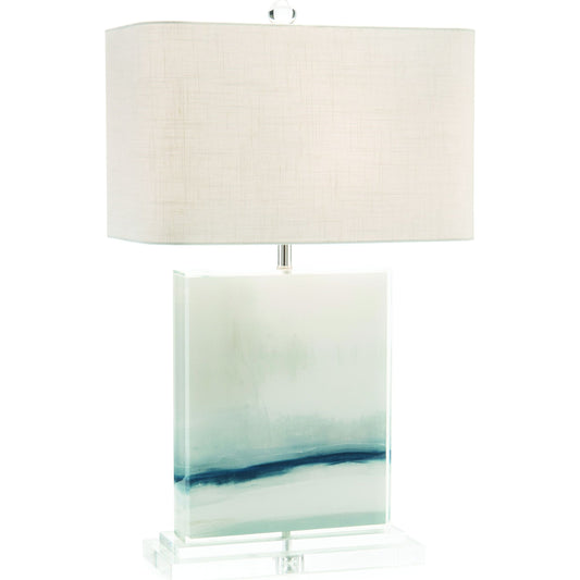 Enigma Table Lamp by John-Richard in off white, blue, light gray. Made from compostion, acrylic, fabric, steel in a coastal style.