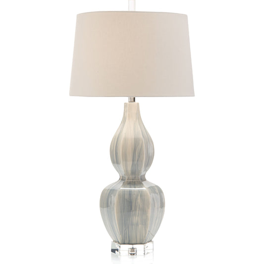 Ceramic Urn Table Lamp by John-Richard in blue mist, clear. Made from steel, ceramic, acrylic, crystal in a coastal style.