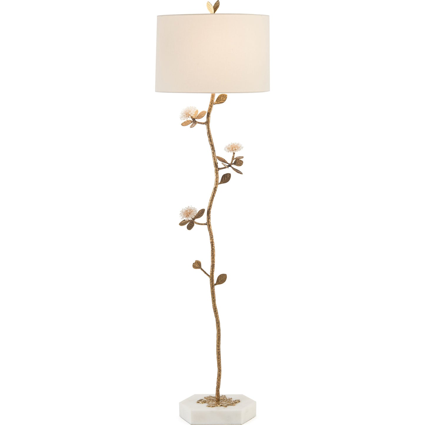 001 SR-771944 | Primary Silo | Quartz Bloom Floor Lamp by John-Richard in gold, white, antique brass. Made from iron, crystal, porcelain in a transitional style.
