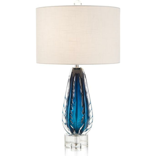 Amalfi Blue and Clear Glass Table Lamp by John-Richard in blue, clear, nickel, white. Made from crystal, glass, nickel in a coastal style.