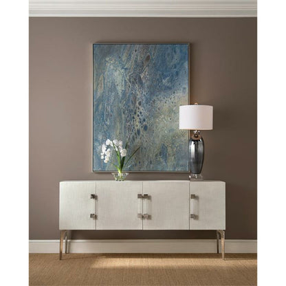 Smoky Blue Slender Table Lamp by John-Richard in blue, clear, nickel, white. Made from acrylic, cotton, nickel in a transitional style.