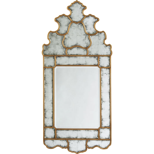 Isabella Mirror by John-Richard in natural and old gold. Made from acacia wood, eglomise, clear mirror with bevel in a cottage & farmhouse style.