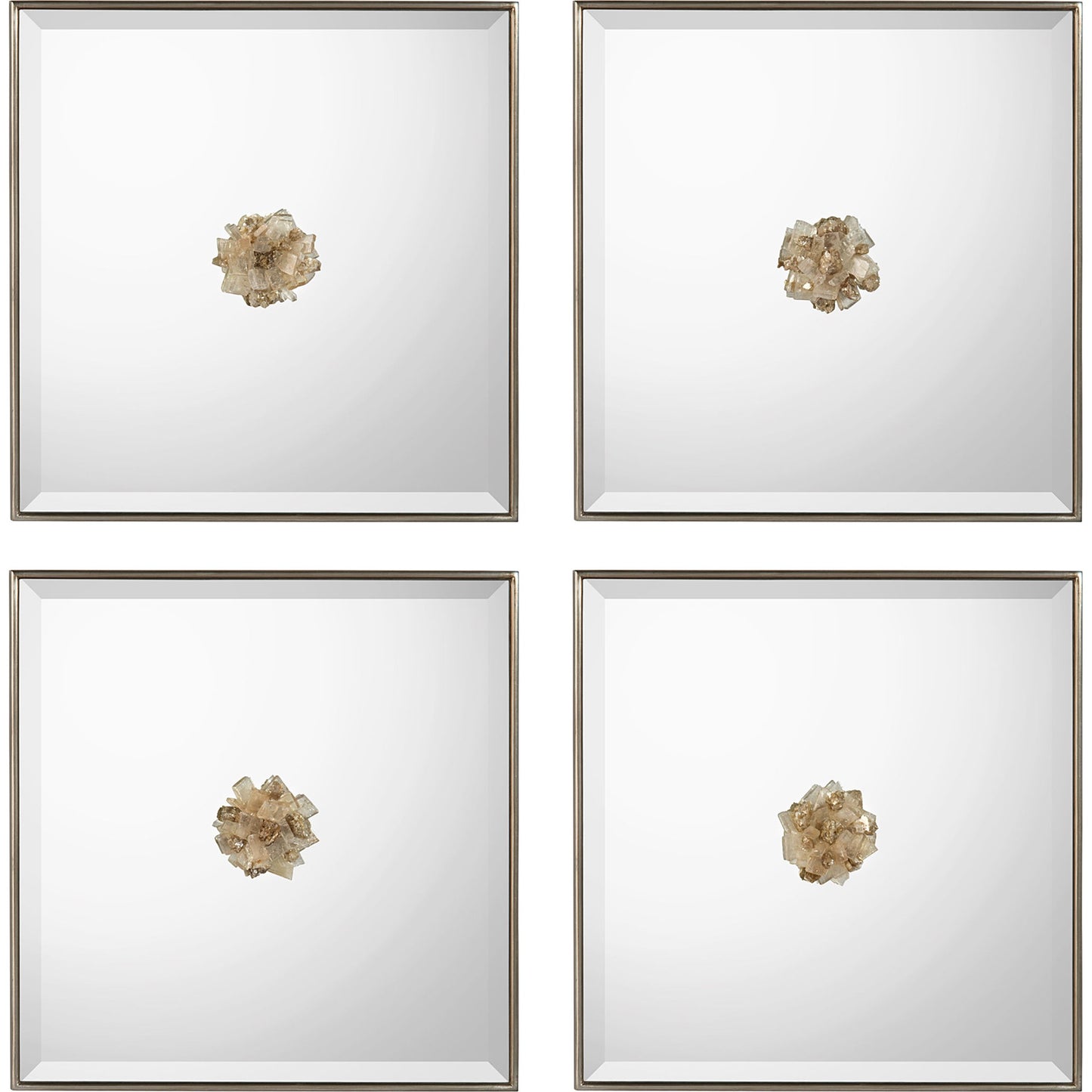 001 SR-771693 | Primary Silo | Constellation Mirrors (Set of 4) by John-Richard in silver and brushed silver. Made from acacia, mdf, celtis veneer, selenite deco, french cleats in a cottage & farmhouse style.