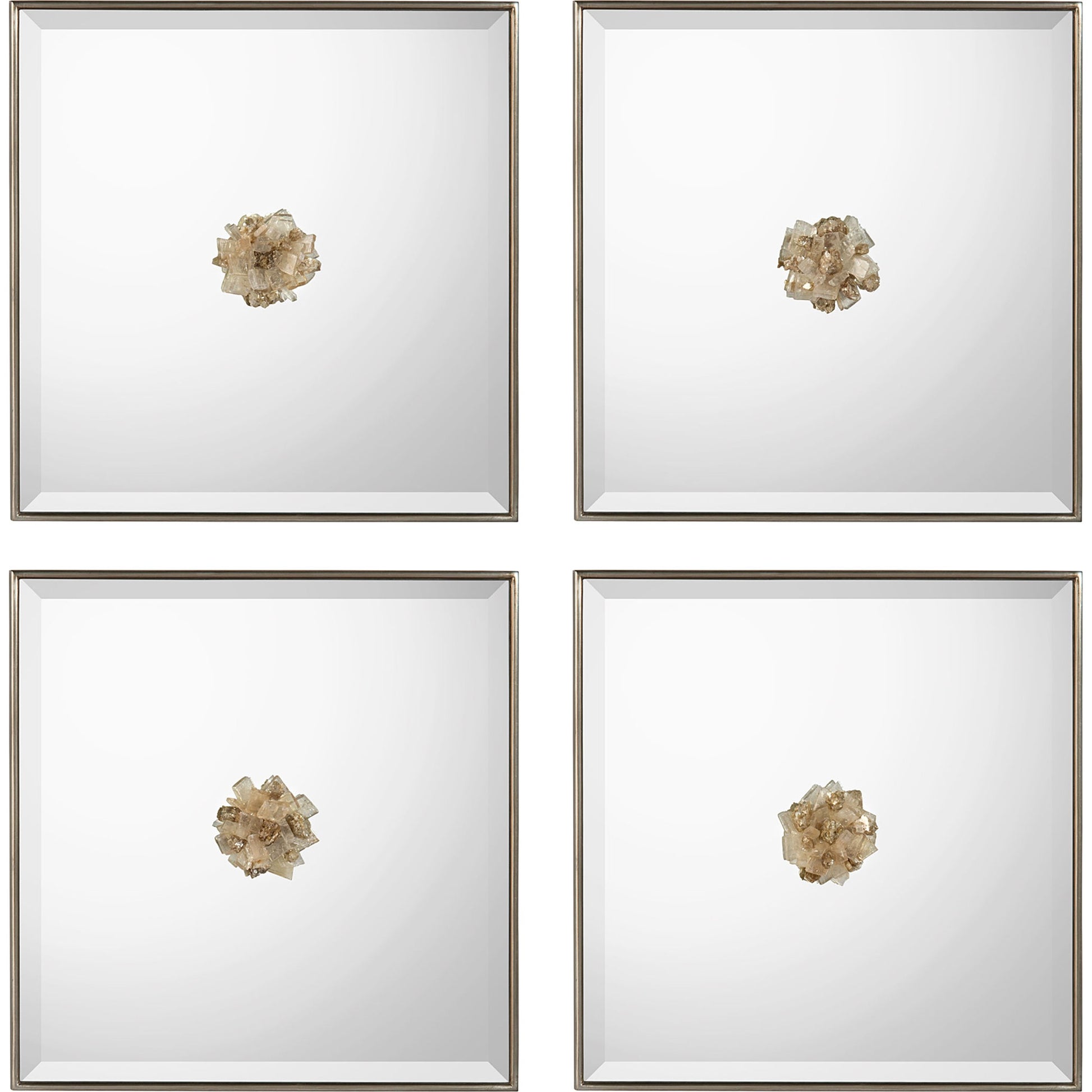Constellation Mirrors (Set of 4) by John-Richard in silver and brushed silver. Made from acacia, mdf, celtis veneer, selenite deco, french cleats in a cottage & farmhouse style.
