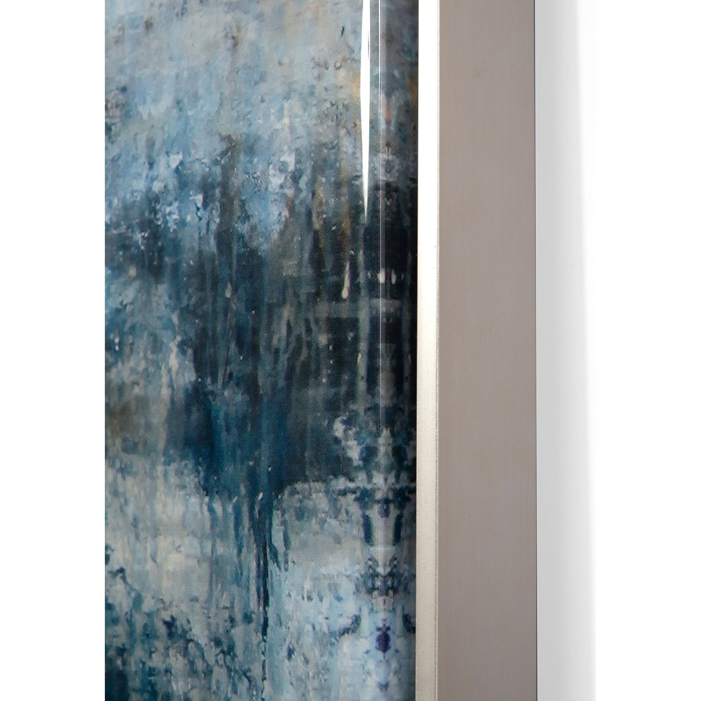 002 SR-771622 | Closeup | Blue Falls Mirror by John-Richard in blue, silver and resin over giclee. Made from poplar wood, epoxy resin, canvas, bevel mirror, pterosernum javanicus in a coastal style.