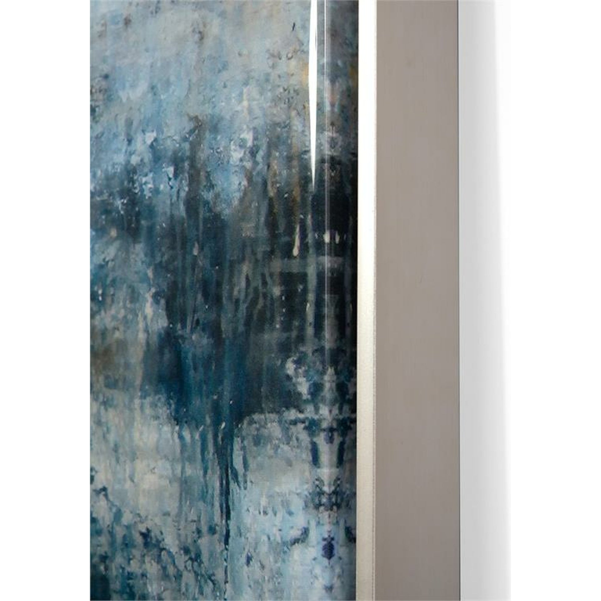Blue Falls Mirror by John-Richard in blue, silver and resin over giclee. Made from poplar wood, epoxy resin, canvas, bevel mirror, pterosernum javanicus in a coastal style.