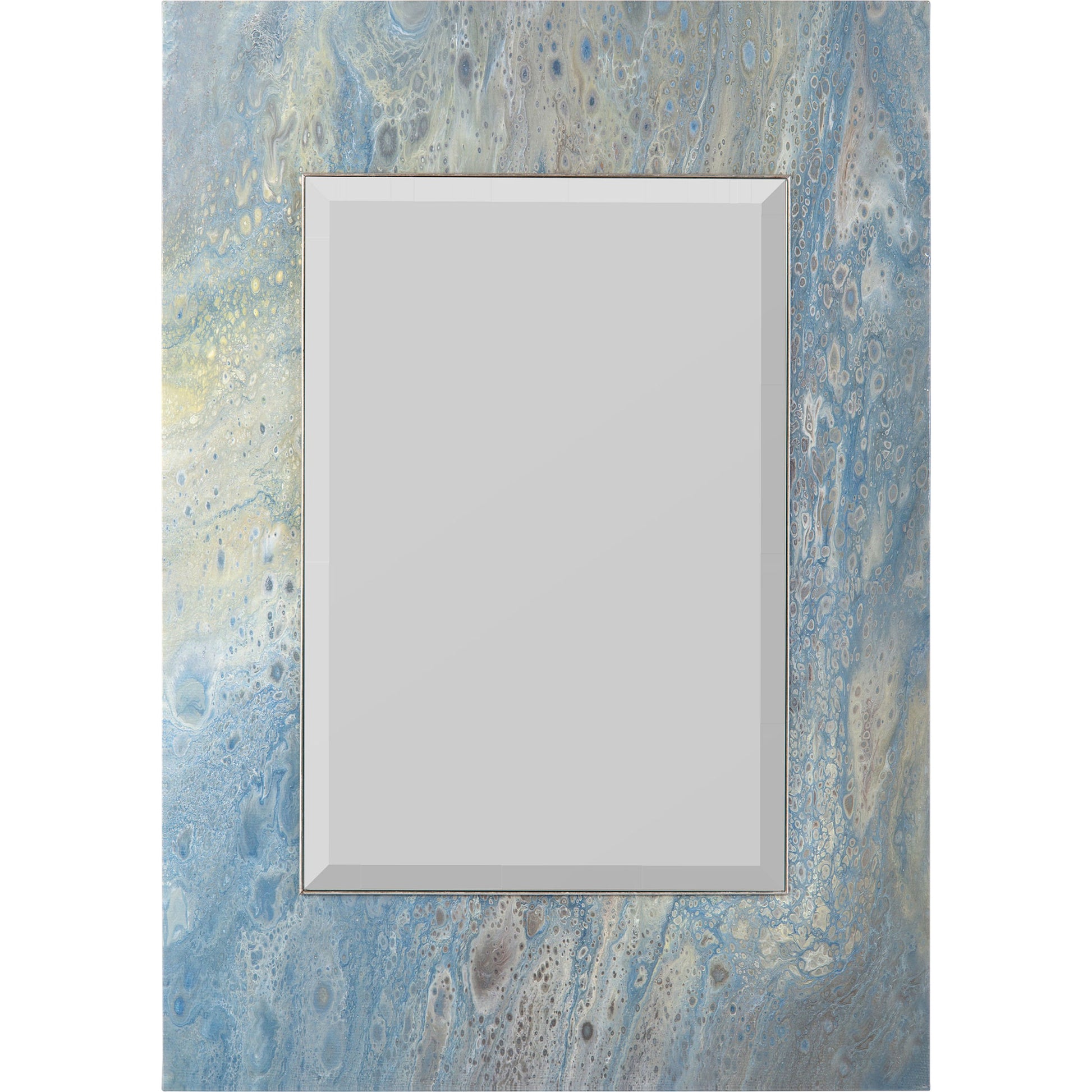 Pavo Mirror by John-Richard in natural and resin over giclee. Made from mirror, canvas, poplar wood, mdf, epoxy resin, pterosernum javanicus wood in a coastal style.