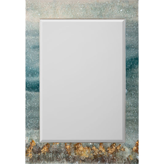 Rolling Tide Mirror by John-Richard in gold, silver and resin over giclee. Made from poplar wood, epoxy resin, tempered glass, canvas, bevel mirror, pterosernum javanicus in a coastal style.