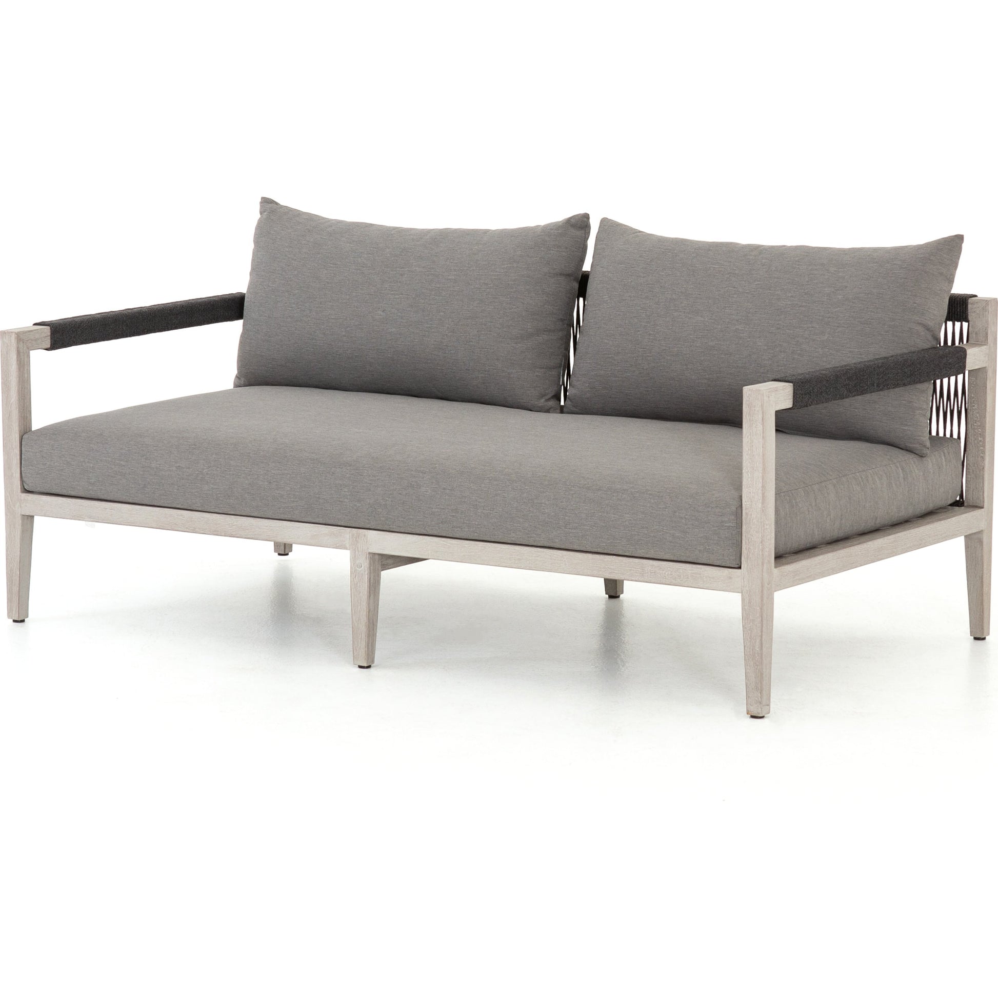 Sherwood Outdoor Sofa, Weathered Grey by Four Hands. Made from 100% olefin, solid fsc®-certified teak, 100% polypropylene in a coastal style.
