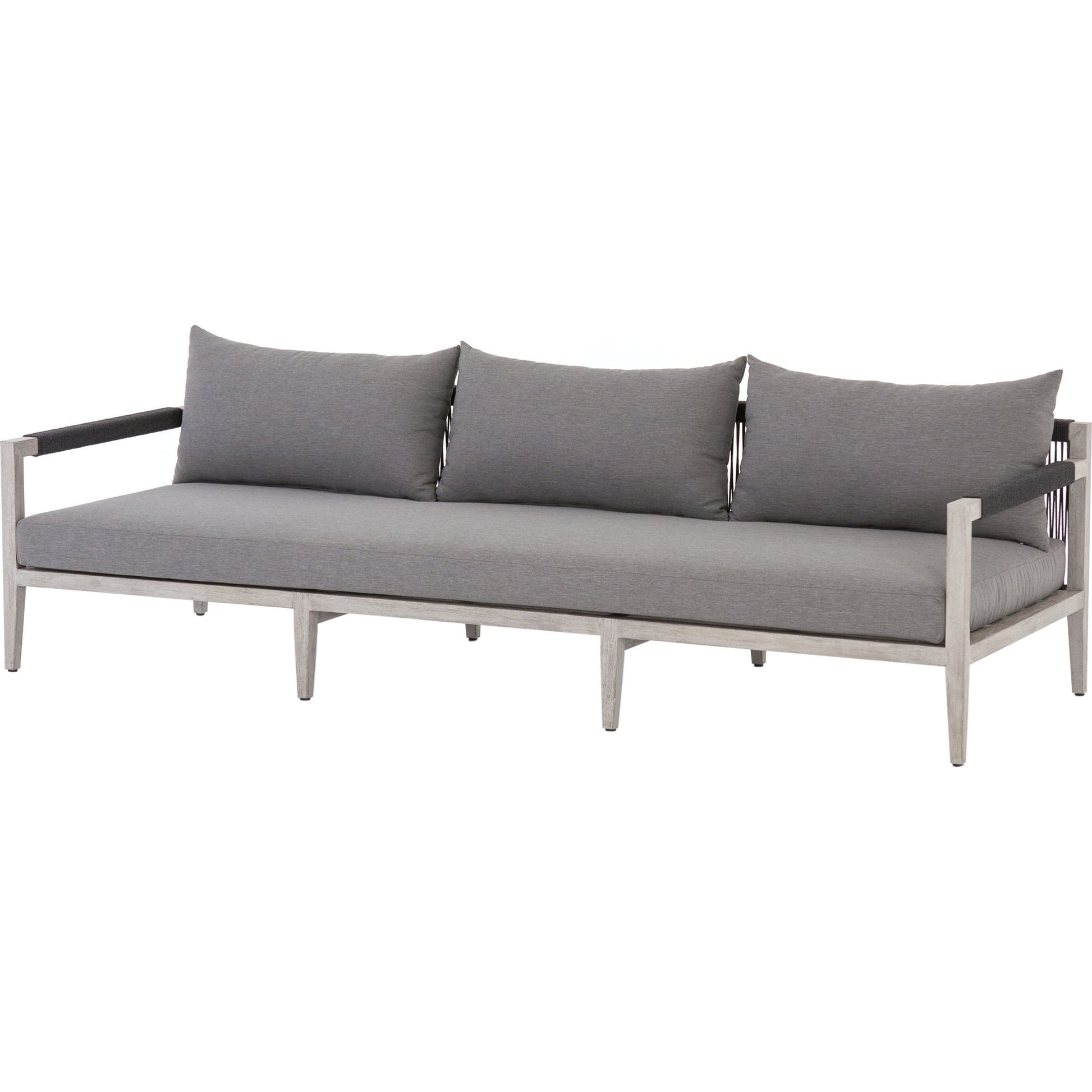 Sherwood Outdoor Sofa, Weathered Grey by Four Hands. Made from 100% olefin, solid fsc®-certified teak, 100% polypropylene in a coastal style.