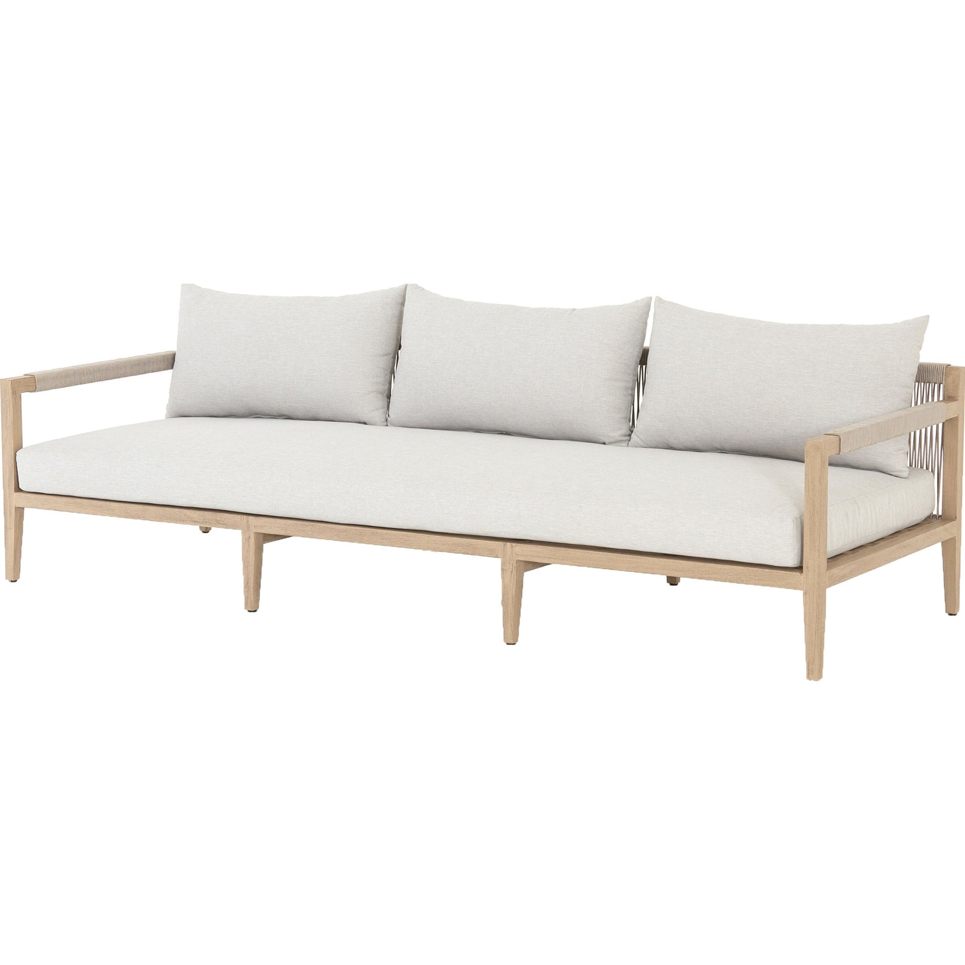 Sherwood Outdoor Sofa, Washed Brown by Four Hands. Made from 100% olefin, solid fsc®-certified teak, 100% polypropylene in a coastal style.