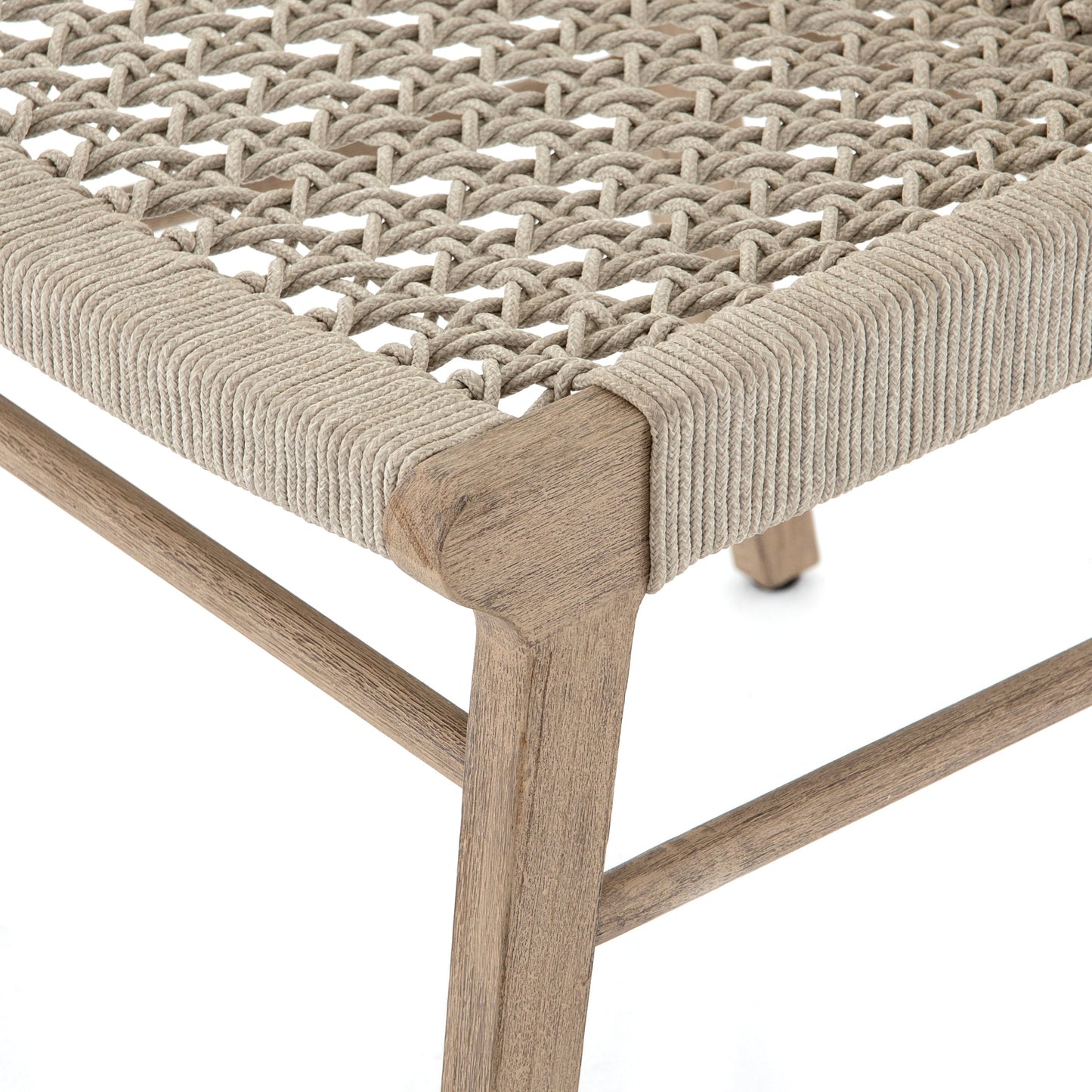 008 SR-809858 | Closeup | Delmar Outdoor Dining Chair by Four Hands. Made from solid fsc®-certified teak, 100% polypropylene in a cottage & farmhouse style.